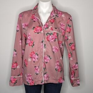 ✨3/$15 Victoria's Secret pink red rose button up 100% cotton pajama top S